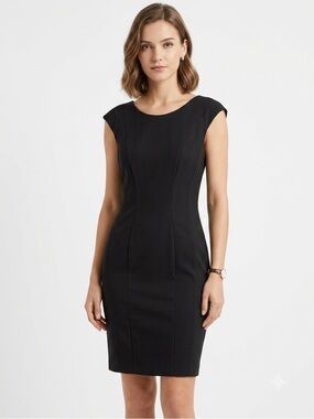 ⁠HM Black Pleated Cap Sleeve Sheath Dress Size 8 Tailored Little Black Dress LBD